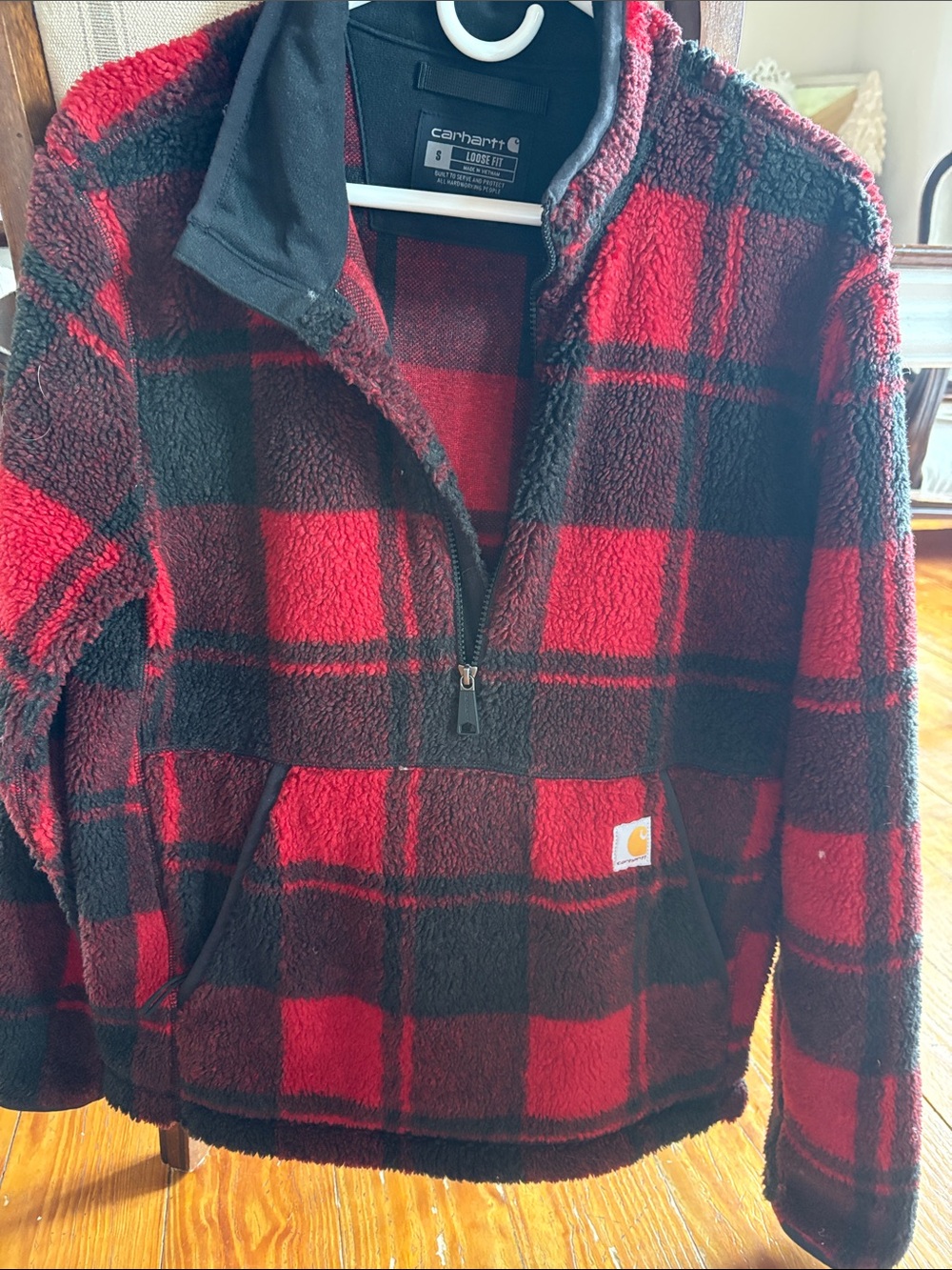 Carhartt Red and Black Plaid Sherpa Quarter-Zip Pullover